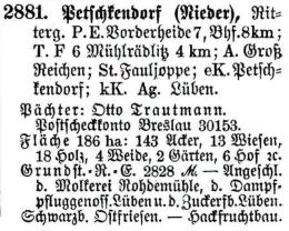 Schlesisches Güter-Adressbuch 1921 Petschkendorf (Nieder)