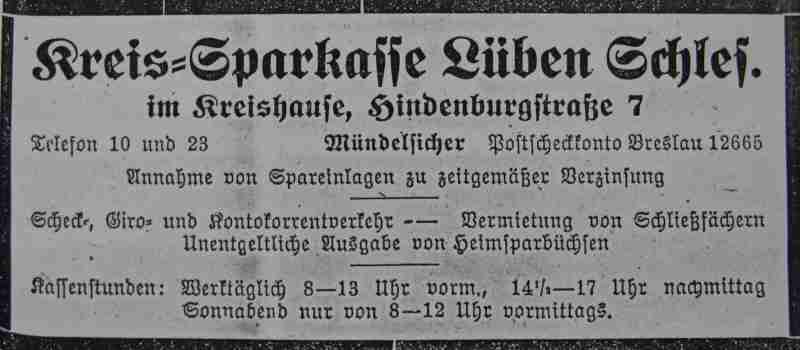 Anzeige der Kreissparkasse Lüben aus dem Jahr 1929