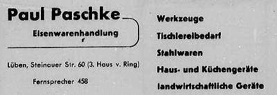 Geschäftsanzeige Eisenwarenhandlung Paul Paschke 1942