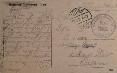 Feldpostkarte von der Oberförsterei Lüben aus dem Reservelazarett Lüben vom 15.9.1916