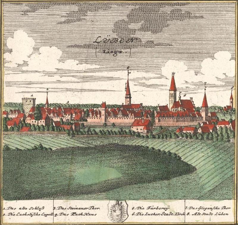 Lüben auf dem Kupferstich von Friedrich Bernhard Werner, herausgegeben von den Homann-Erben, Nürnberg, 1738