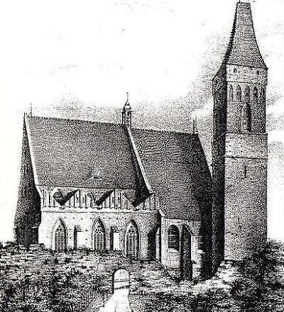 Evangelische Kirche im 15. Jh. mit Pforte durch die Stadtmauer
