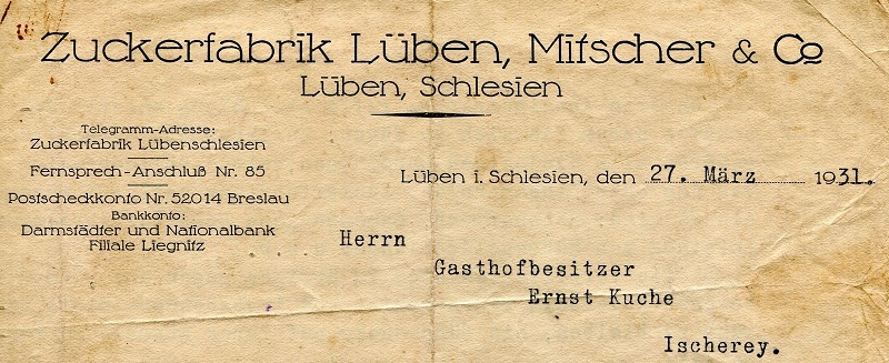 Briefkopf der Zuckerfabrik Lüben