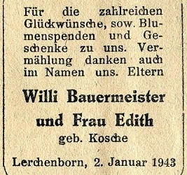 Willi Bauermeister und Edith geb. Kosche, Lerchenborn
