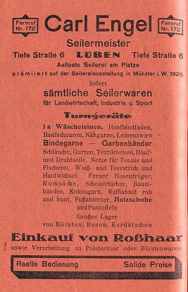 Seilermeister Carl Engel, Tiefe Straße 6, Älteste Seilerei am Platze, sämtliche Seilerwaren für Landwirtschaft, Industrie und Sport, Turngeräte