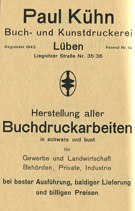 Paul Kühn, Buch- und Kunstdruckerei, Herstellung aller Buchdruckarbeiten, Liegnitzer Str. 35/36