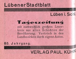 Verlag Paul Kühn, Lübener Stadtblatt, Tageszeitung, 85. Jahrgang