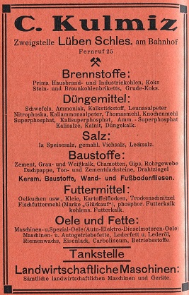 C. Kulmiz, Brenn-, Baustoffe, Dünge-, Futtermittel, Öle, Fette, Tankstelle, <br>Vorwerkstr. 6 am Bahnhof