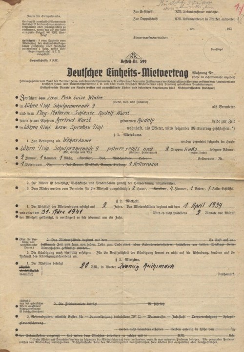 Mietvertrag für eine Zweizimmerwohnung in der Schulpromenade 9 ab 1.4.1939 zwischen der Vermieterin Luise Winter und dem Ehepaar Wurst, S. 1
