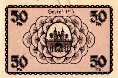 Rückseite 50 Pfennig Notgeld Lüben, unterzeichnet von Bürgermeister Hugo Feige am 15.10.1919, gültig bis Ende 1920