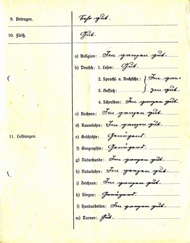 Volkschul-Abschlusszeugnis von Elsa Siebenhaar aus dem Jahr 1923