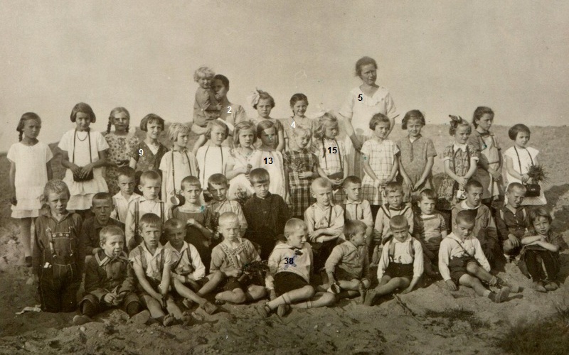 Volksschuljahrgang 1921/22 mit Lehrerin Fräulein Scheitzel ca. 1928