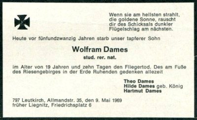 Gedenken an den Sohn und Bruder Wolfram Dames