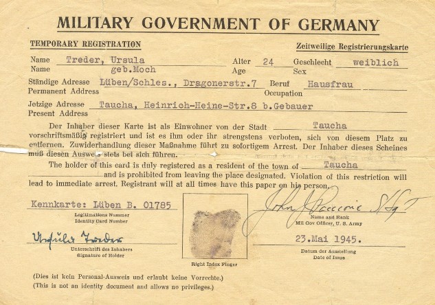 US-Registrierkarte vom 23.5.1945