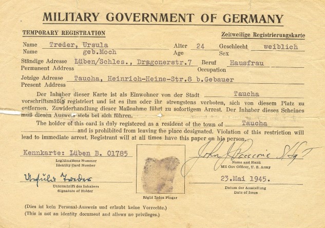 US-Registrierkarte vom 23.5.1945