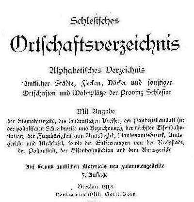 Schlesisches Ortschaftsverzeichnis 1913 - Titelblatt