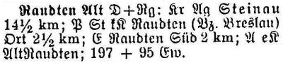 Alt Raudten in: Alphabetisches Verzeichnis sämtlicher Ortschaften der Provinz Schlesien 1913