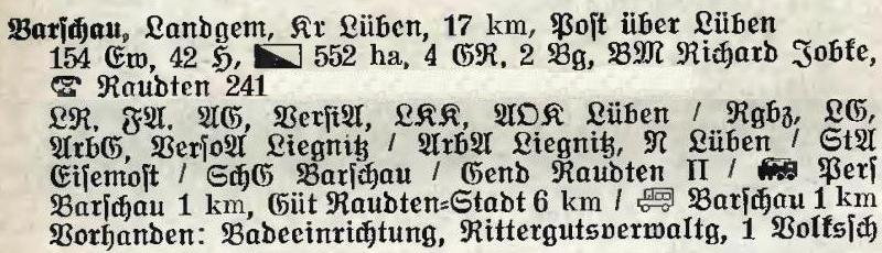 Barschau in: Alphabetisches Verzeichnis der Stadt- und Landgemeinden im Gau Niederschlesien, 1939  