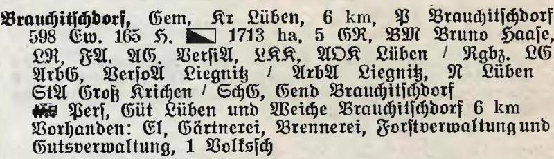 Brauchitschdorf in: Alphabetisches Verzeichnis der Stadt- und Landgemeinden im Gau Niederschlesien 1939