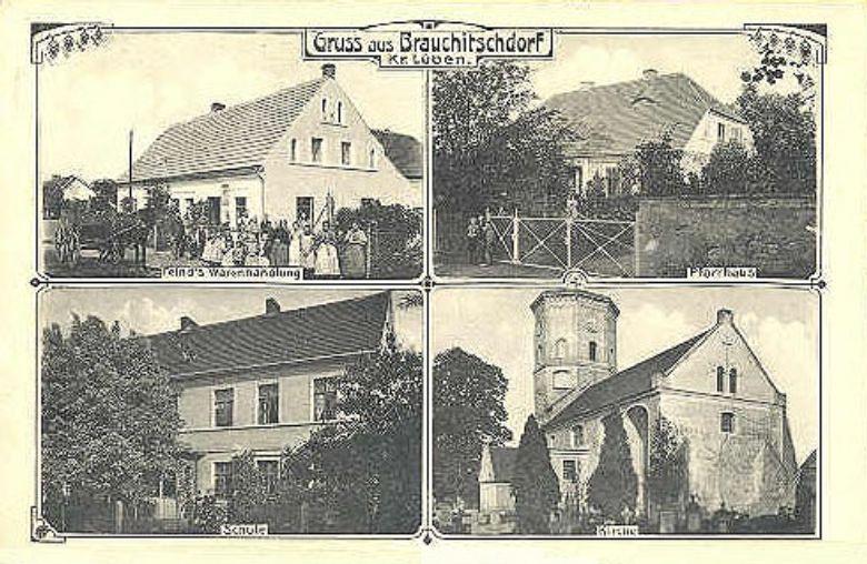 Brauchitschdorf: Feind's Warenhandlung, Pfarrhaus, Schule, Kirche