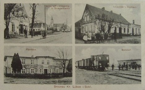 Herings Warenhandlung und Straßenpartie, Leuschners Gasthaus, Pfarrhaus, Bahnhof