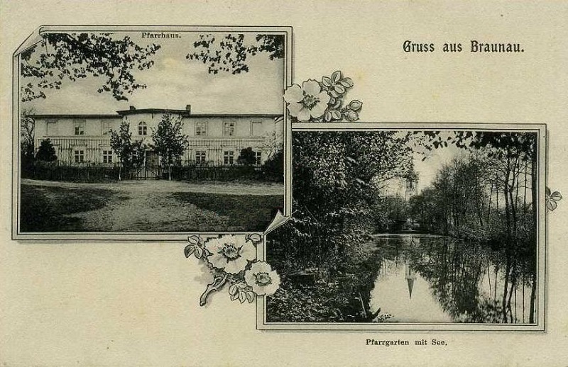 Braunau um 1925. Pfarrhaus, Pfarrgarten mit See, Kirche