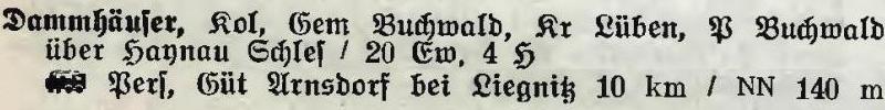 Dammhäuser in: Alphabetisches Verzeichnis der Stadt- und Landgemeinden im Gau Niederschlesien 1939