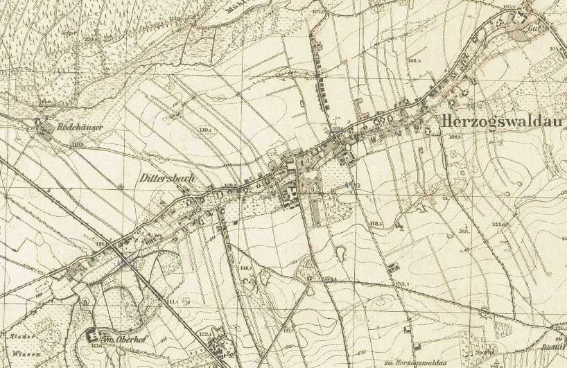 Dittersbach und Herzogswaldau auf einem Messtischblatt von 1933