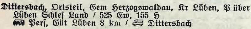 Dittersbach in: Alphabetisches Verzeichnis der Stadt- und Landgemeinden im Gau Niederschlesien 1939
