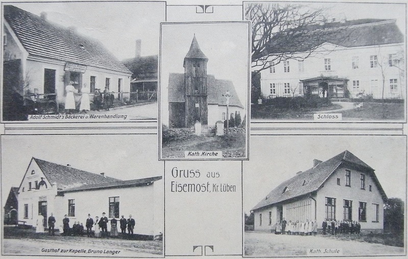 Eisemost: Adolf Schmidt's Bäckerei und Warenhandlung, Katholische Kirche, Schloss, Gasthof zur Kapelle - Bruno Langer, Katholische Schule