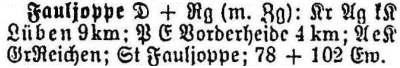 Fauljoppe in: Alphabetisches Verzeichnis sämtlicher Ortschaften der Provinz Schlesien 1913