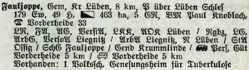 Fauljoppe in: Alphabetisches Verzeichnis der Stadt- und Landgemeinden im Gau Niederschlesien 1939