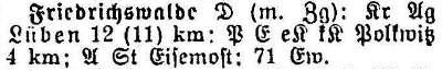 Friedrichswalde in: Alphabetisches Verzeichnis sämtlicher Ortschaften der Provinz Schlesien 1913