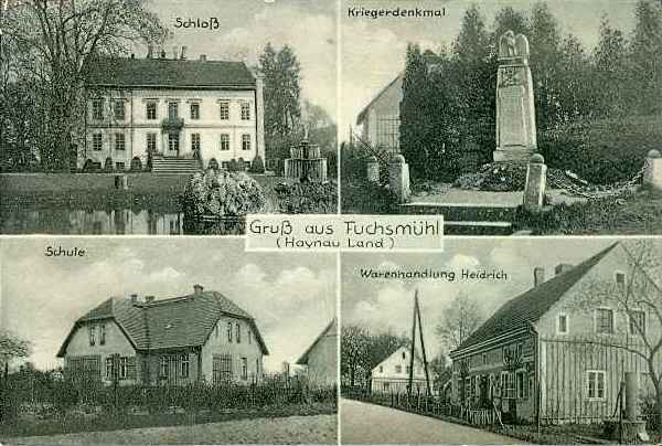 Schloss, Kriegerdenkmal, Schule, Warenhandlung Heidrich