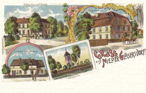 Nieder Gläsersdorf 1905 mit Schloss Hummel Radeck, Jakobs Gasthaus, Spatzkes Warenhandlung und Glockenturm
