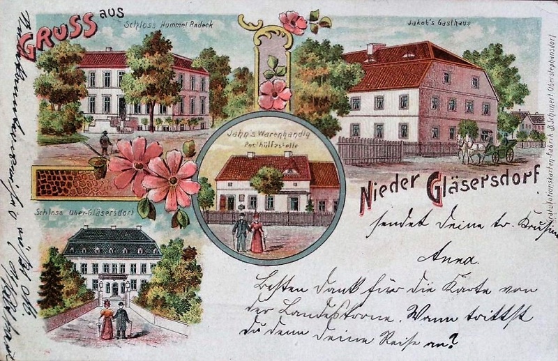 Nieder Gläsersdorf 1905 mit Schloss Hummel Radeck, Jakobs Gasthaus, Spatzkes Warenhandlung und Glockenturm