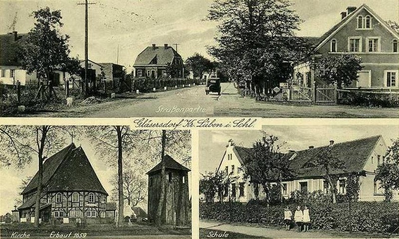 Niedergläsersdorf: Straßenpartie, Grenzkirche zu Hummel, Volksschule Nieder Gläsersdorf 1934, davor die Lehrerstöchter Gundula Reimann, Renate Hlubek und Rosemarie Reimann