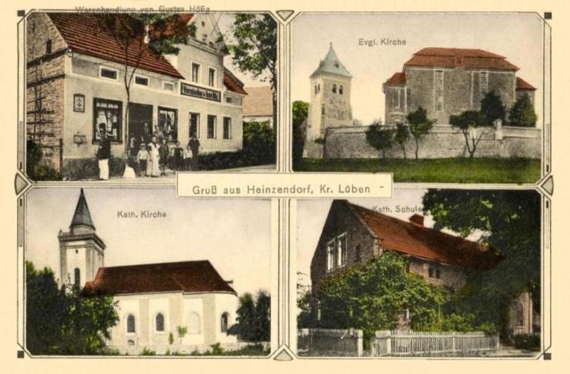 Warenhandlung Gustav Höfig, Evangelische Kirche Heinzenburg, Katholische Kirche zu Groß Heinzendorf, Katholische Schule