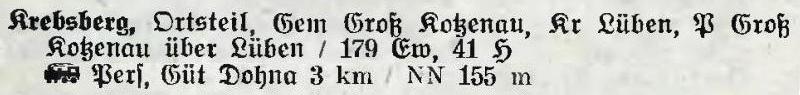 Krebsberg in: Alphabetisches Verzeichnis der Stadt- und Landgemeinden im Gau Niederschlesien 1939