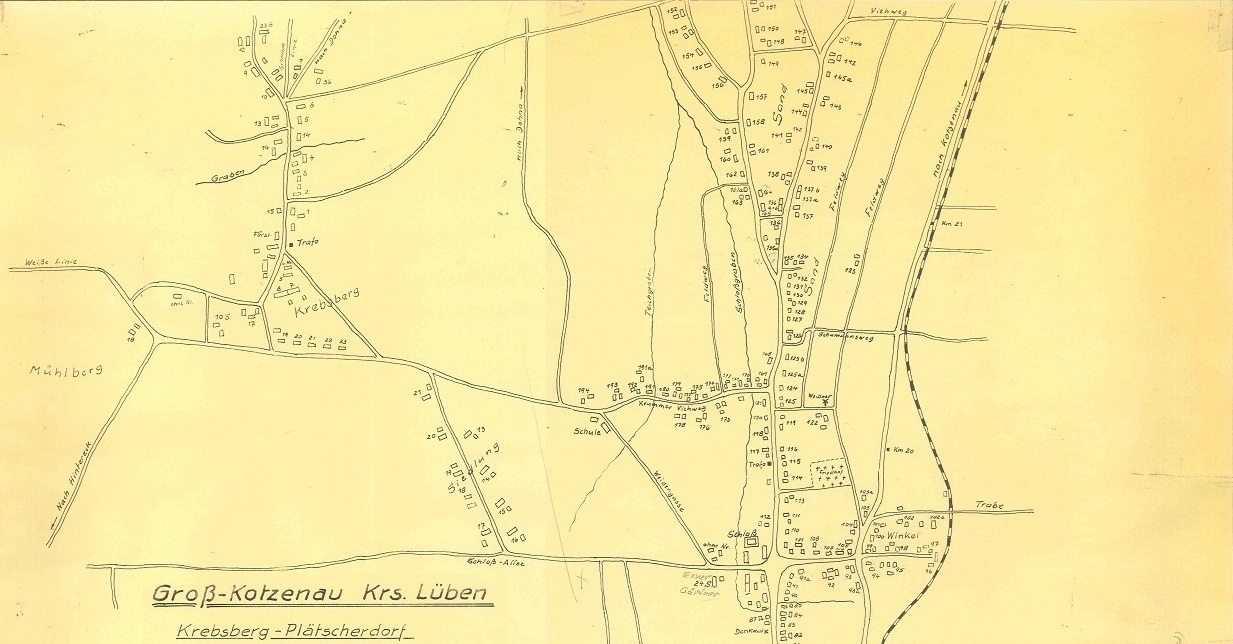 Dorfplan der Gemeinde Groß Kotzenau, Krebsberg und Plätscherdorf