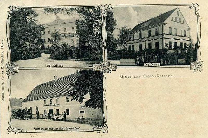 Groß Kotzenau: Gräfliches Schloss, Evangelische Schule, Gasthof Zum weißen Ross