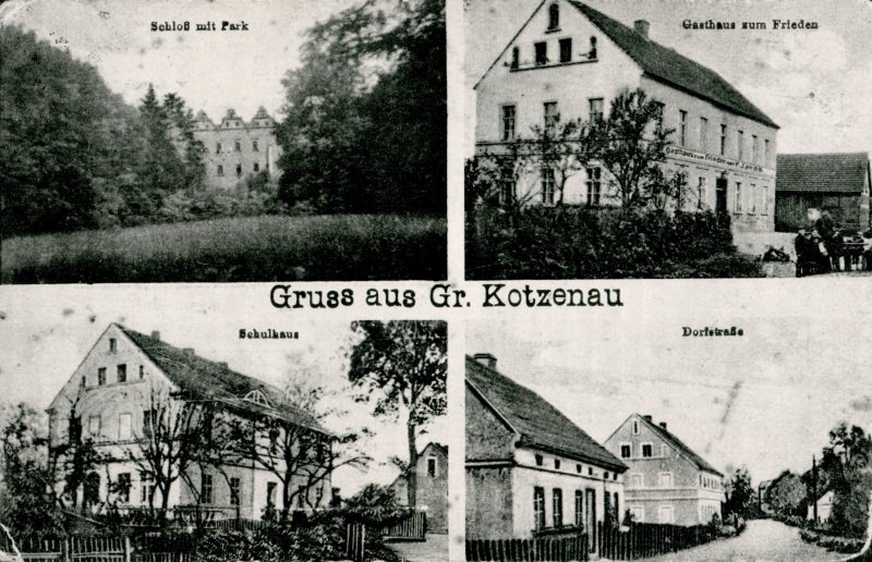 Groß Kotzenau: Schloss mit Park, Gasthaus zum Frieden, Schulhaus, Dorfstraße