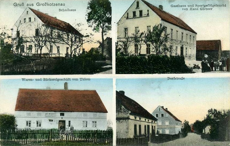 Großkotzenau: Schulhaus, Gasthaus und Sportgeflügelzucht von Hans Gärtner, Waren- und Bäckereigeschäft von Thiem, Dorfstraße