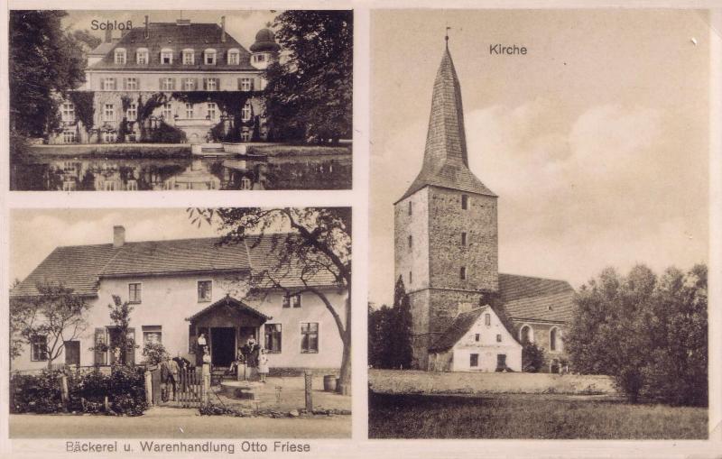 Groß Krichen: Schloss, Evangelische Kirche, Bäckerei und Warenhandlung Otto Friese