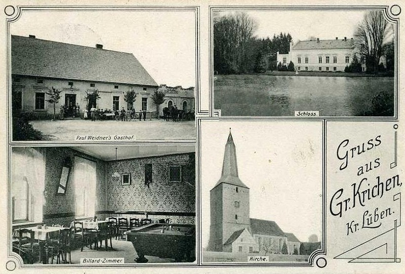 Groß Krichen: Gasthof zum goldenen Frieden von Paul Weidner, Billardzimmer, Schloss, Kirche