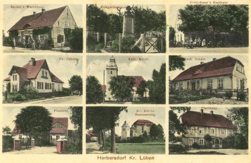 Herbersdorf: Beckers Warenhaus, Kriegerdenkmal, Kretschmer's Gasthaus, Evangelische Schule, Katholische Kirche, Katholische Schule, Försterei, Evangelische Kirche Heinzenburg, Pfarrhaus