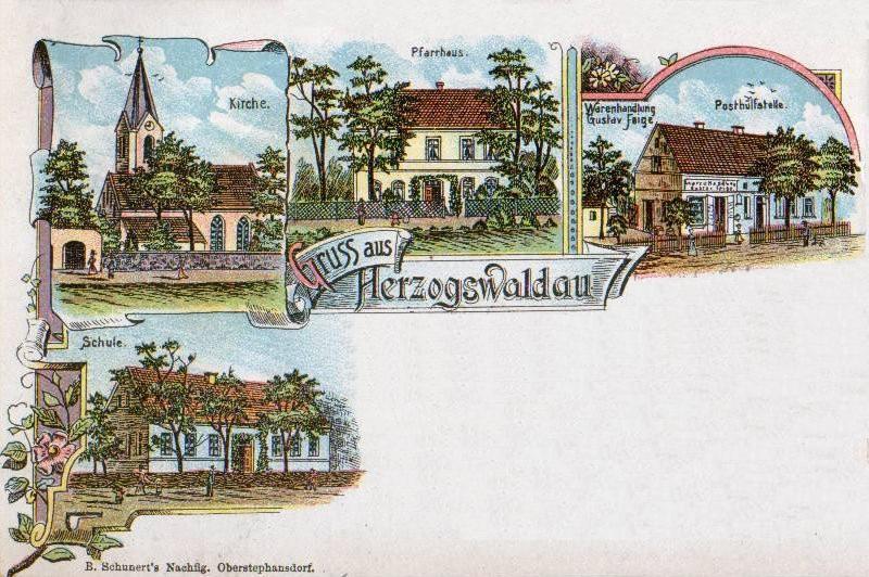 Evangelische Kirche, Pfarrhaus, Warenhandlung Gustav Feige, Posthülfstelle, Schule