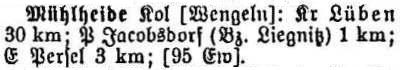 Mühlheide in: Alphabetisches Verzeichnis sämtlicher Ortschaften der Provinz Schlesien 1913