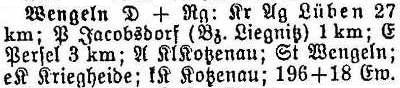 Wengeln in: Alphabetisches Verzeichnis sämtlicher Ortschaften der Provinz Schlesien 1913