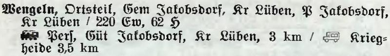 Wengeln in: Alphabetisches Verzeichnis der Stadt- und Landgemeinden im Gau Niederschlesien 1939